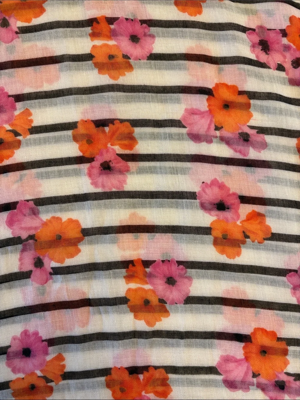 J. Crew Black & White Striped Scarf with Pink and Orange Floral Print